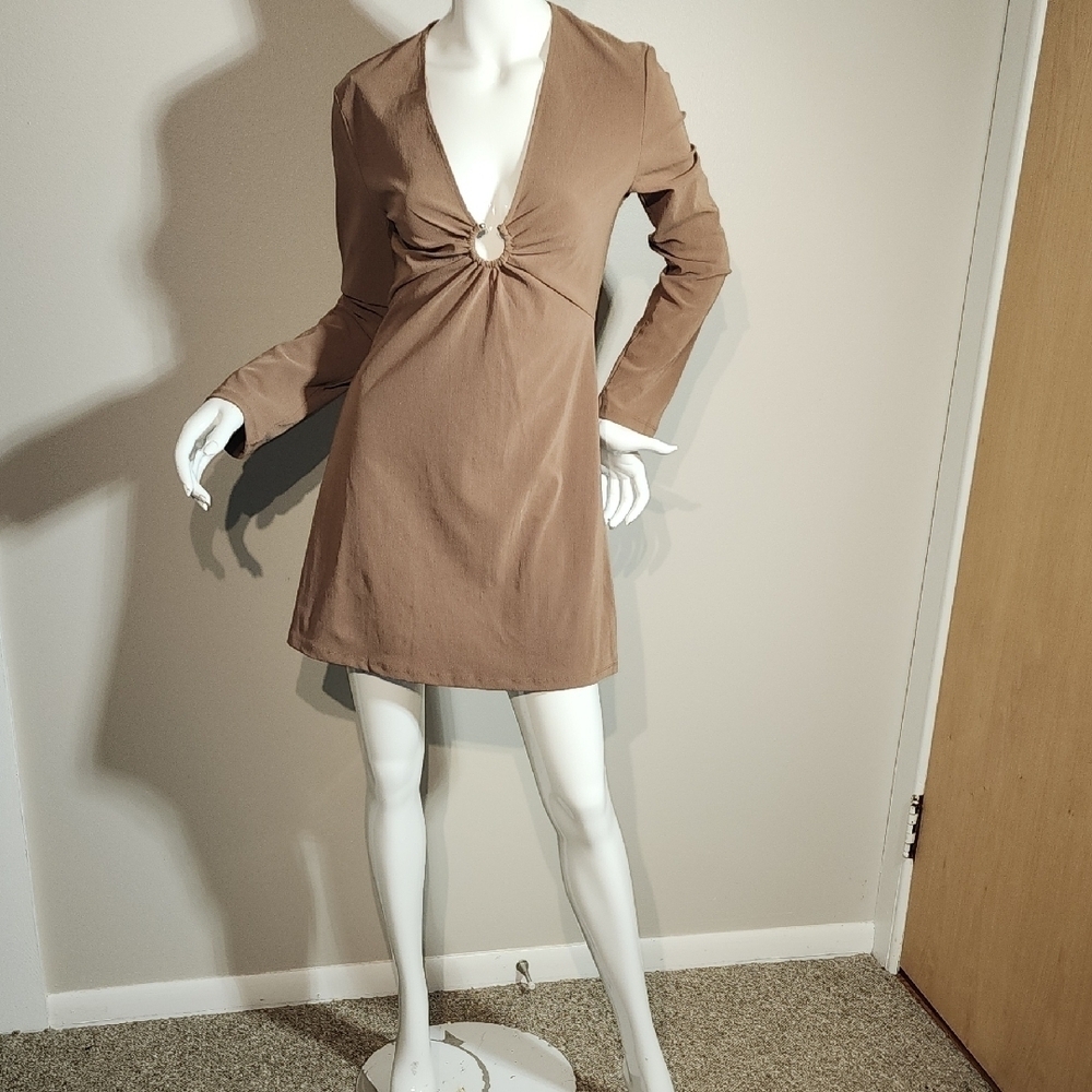 H&M Tan Long Sleeve Dress with Ring Detail